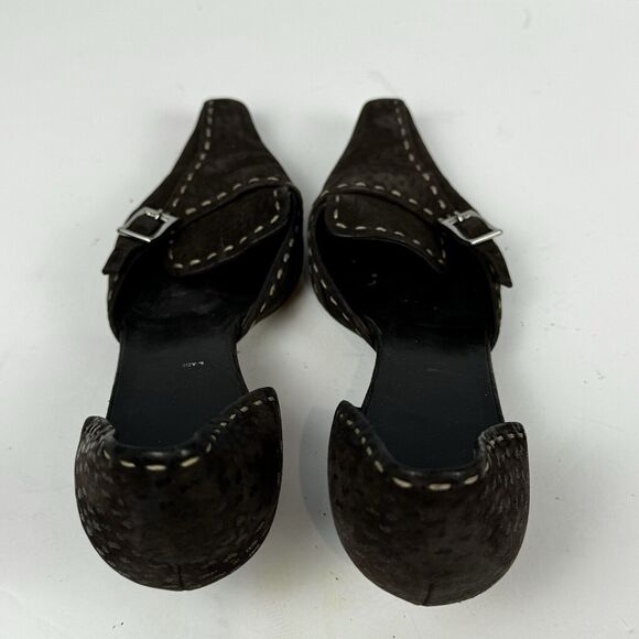 Prada Brown Suede D'Orsay Pumps Kitten Heels Buckle Pointed Toe Size 5.5 EU 35.5 - Picture 9 of 12